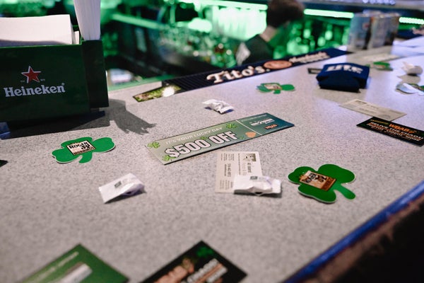 Corned Beef Chaos counter top with buisness cards